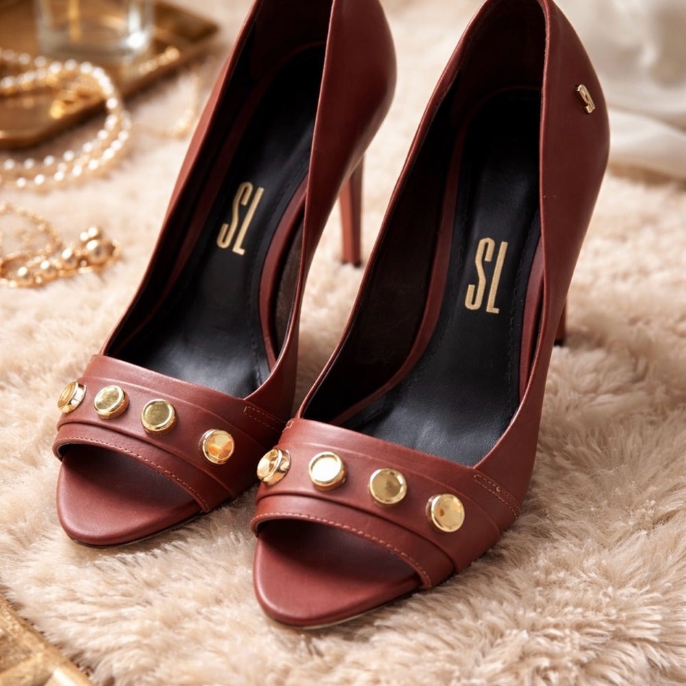 Santa Lolla Elegant Brown Peep-Toe Heels w Gold Stud Detail Chic Dress Pumps